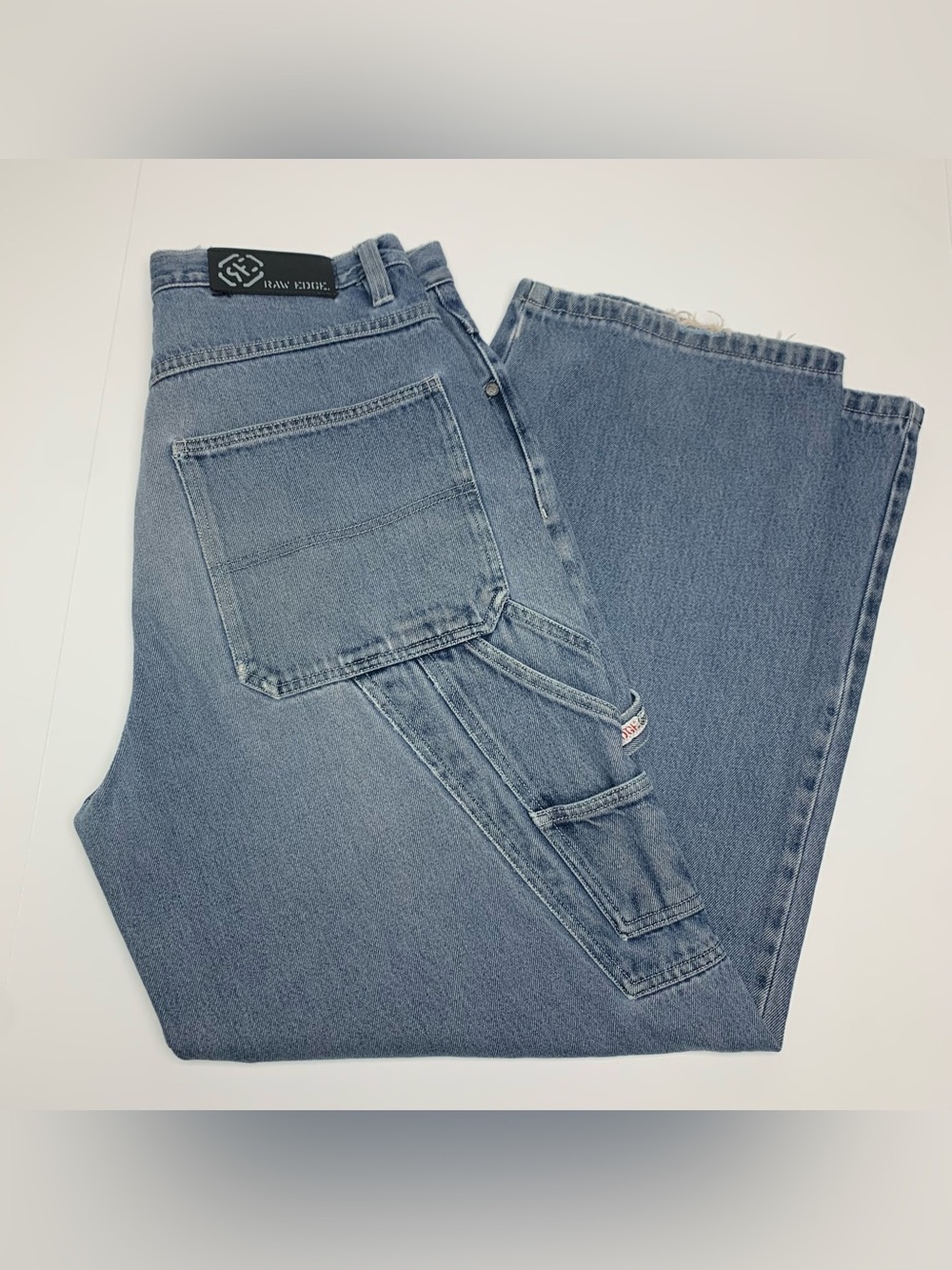 Y2k Raw Edge Jeans Vintage Baggy Wide Leg Distressed Blue Denim Pants Mens 34